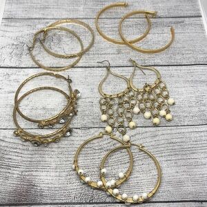Bundle lot 5 gold tone casual dressy trendy earrings hoops and dangle drop.